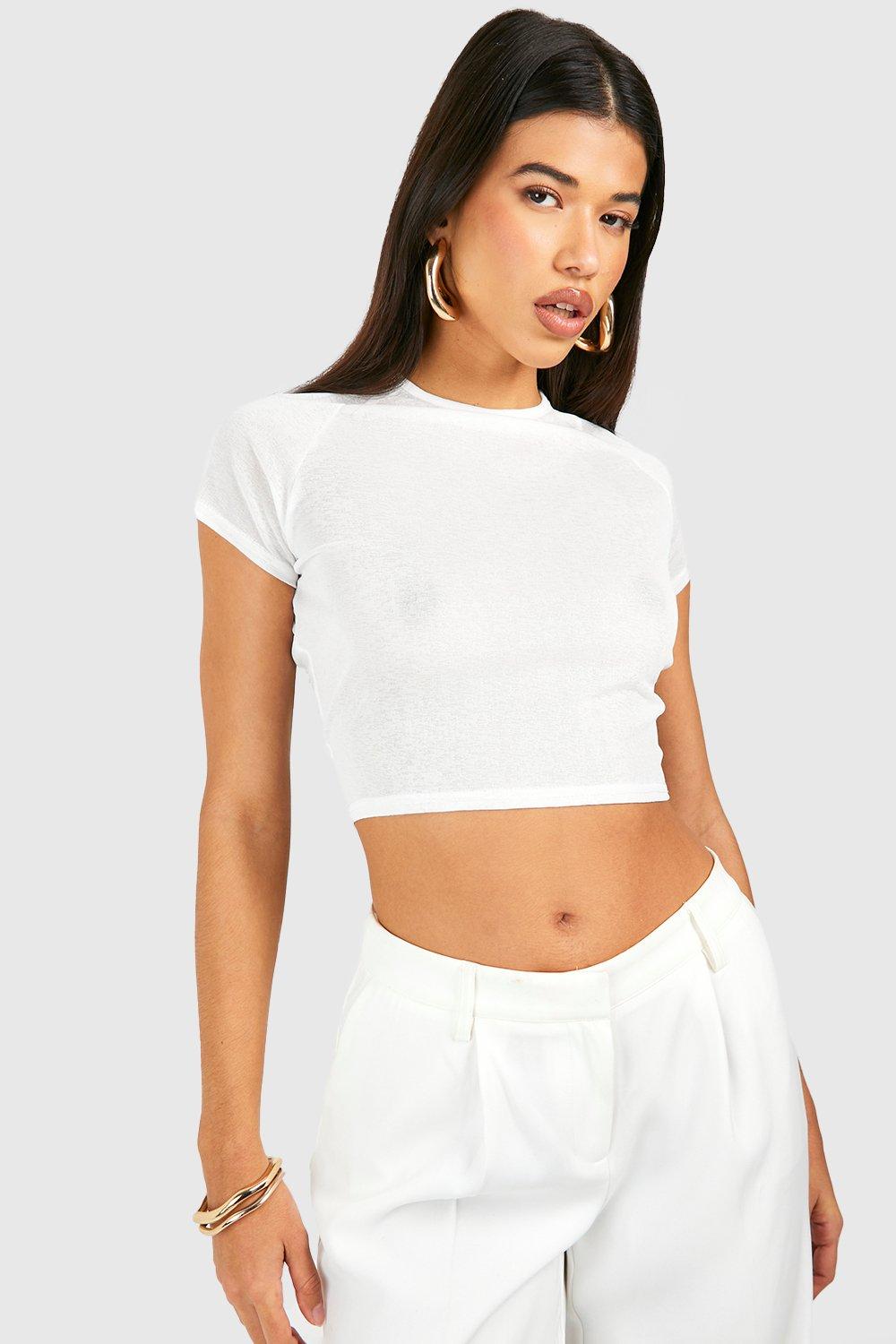 Women's White Tall Burnout Cap Sleeve Crop Top