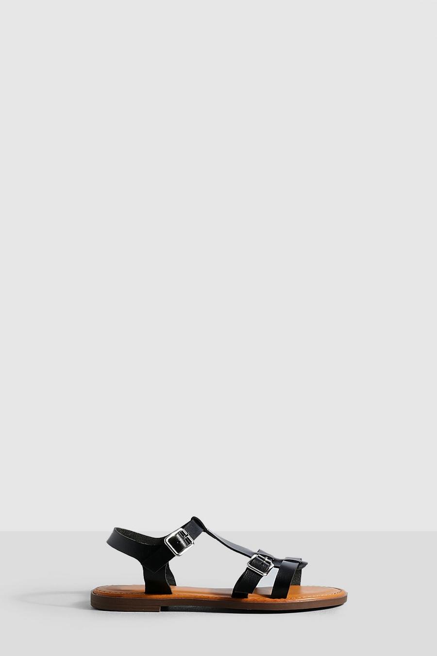 Black svart Gladiator Buckle Detail Flat Sandals