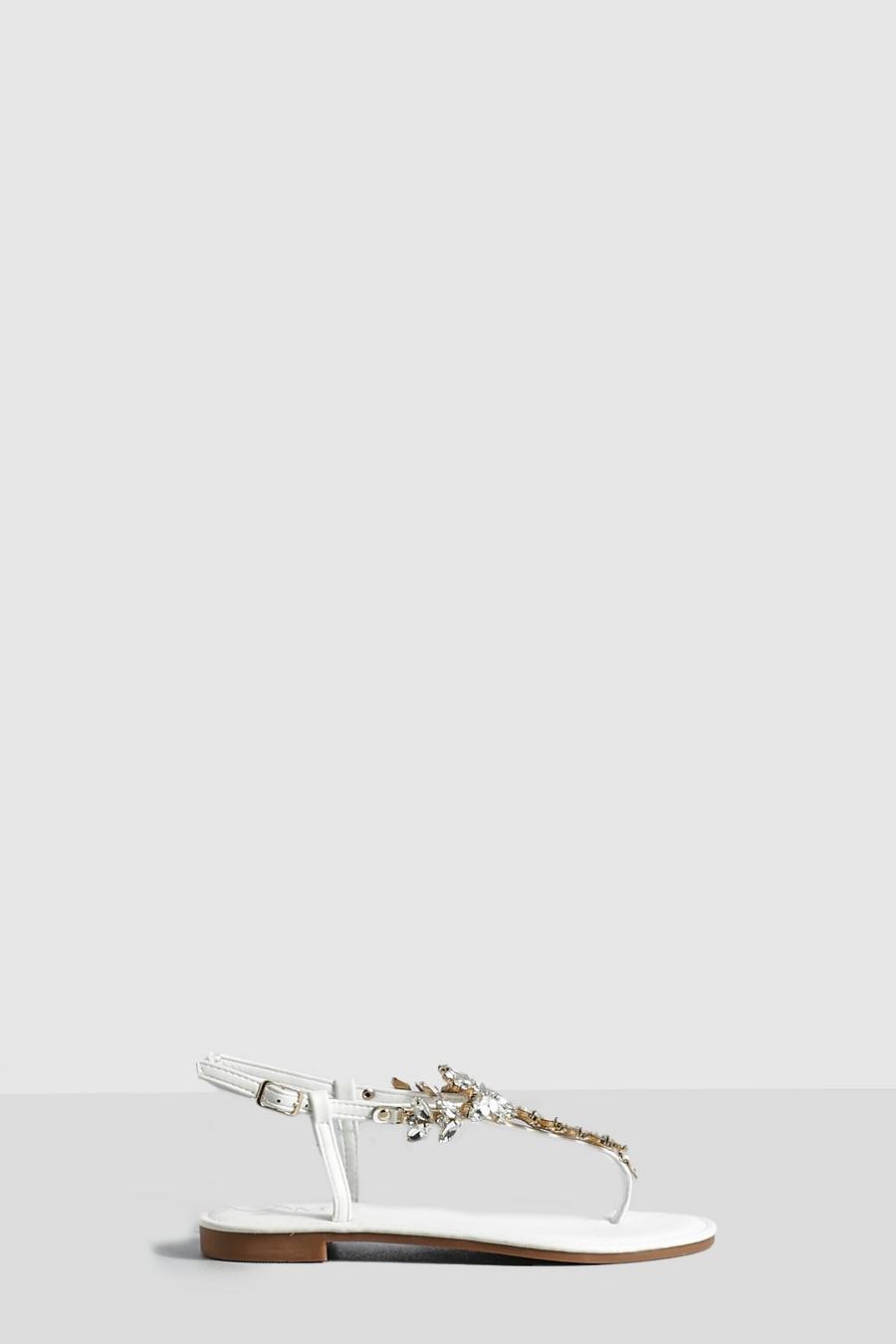 White Embellished T-bar Sandals image number 1