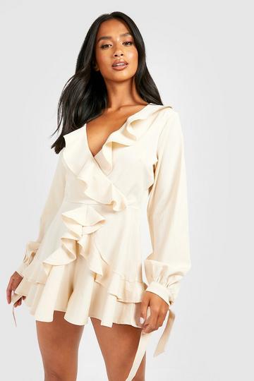 Stone Beige Petite Textured Ruffle Romper