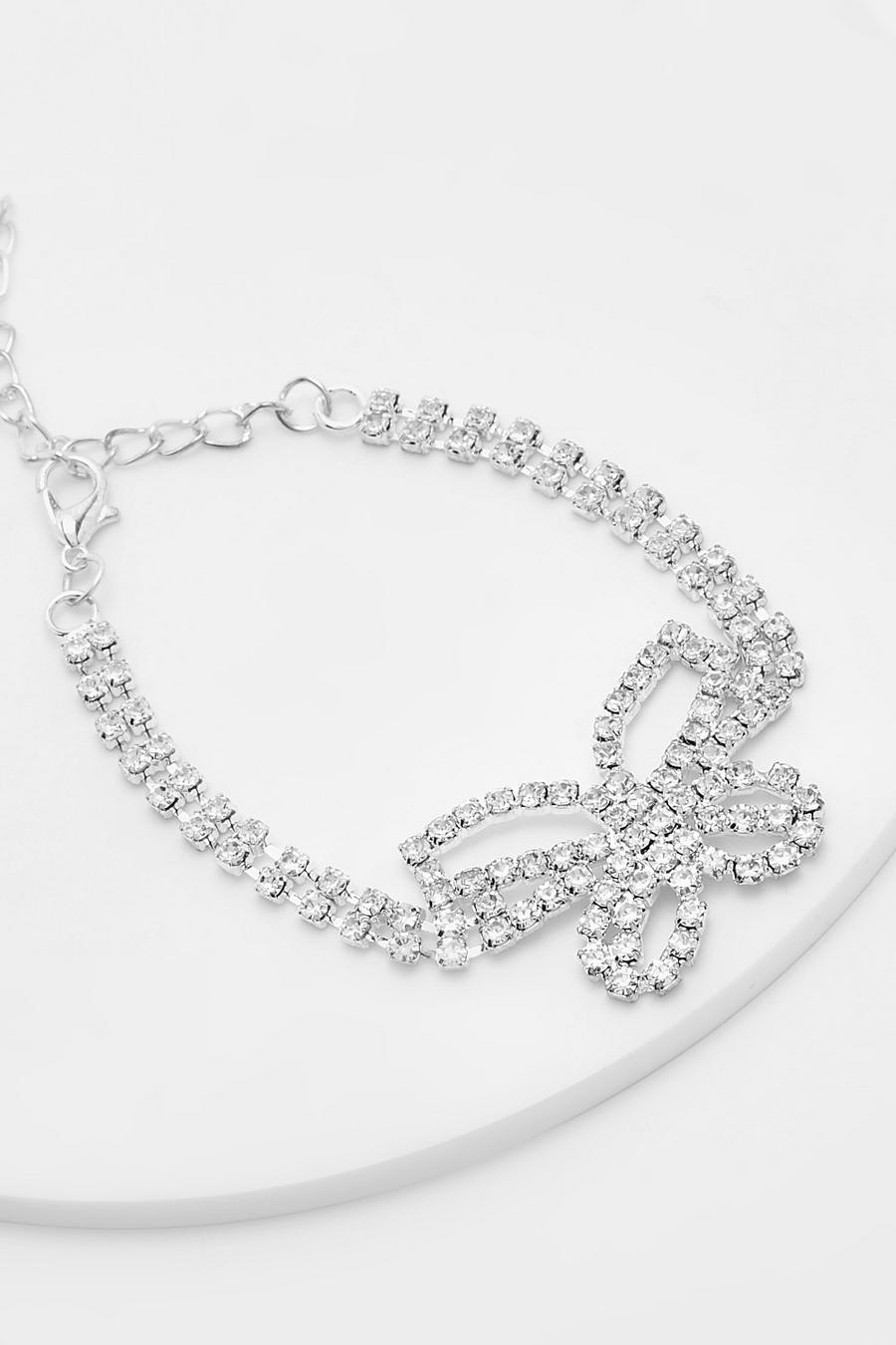 Silver Diamante Butterfly Anklet image number 1