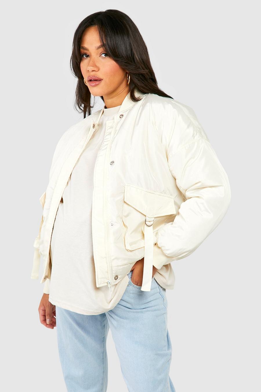 Cream Maternity Pocket Detail Oversized Bomber Jacket