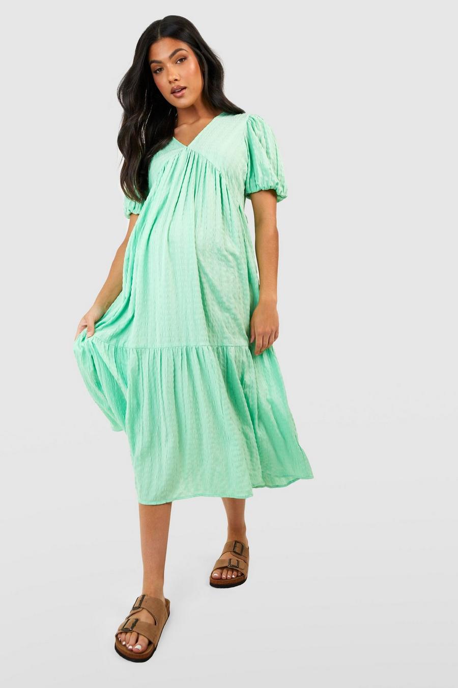 Green Maternity Textured Tiered Maxi Dress image number 1