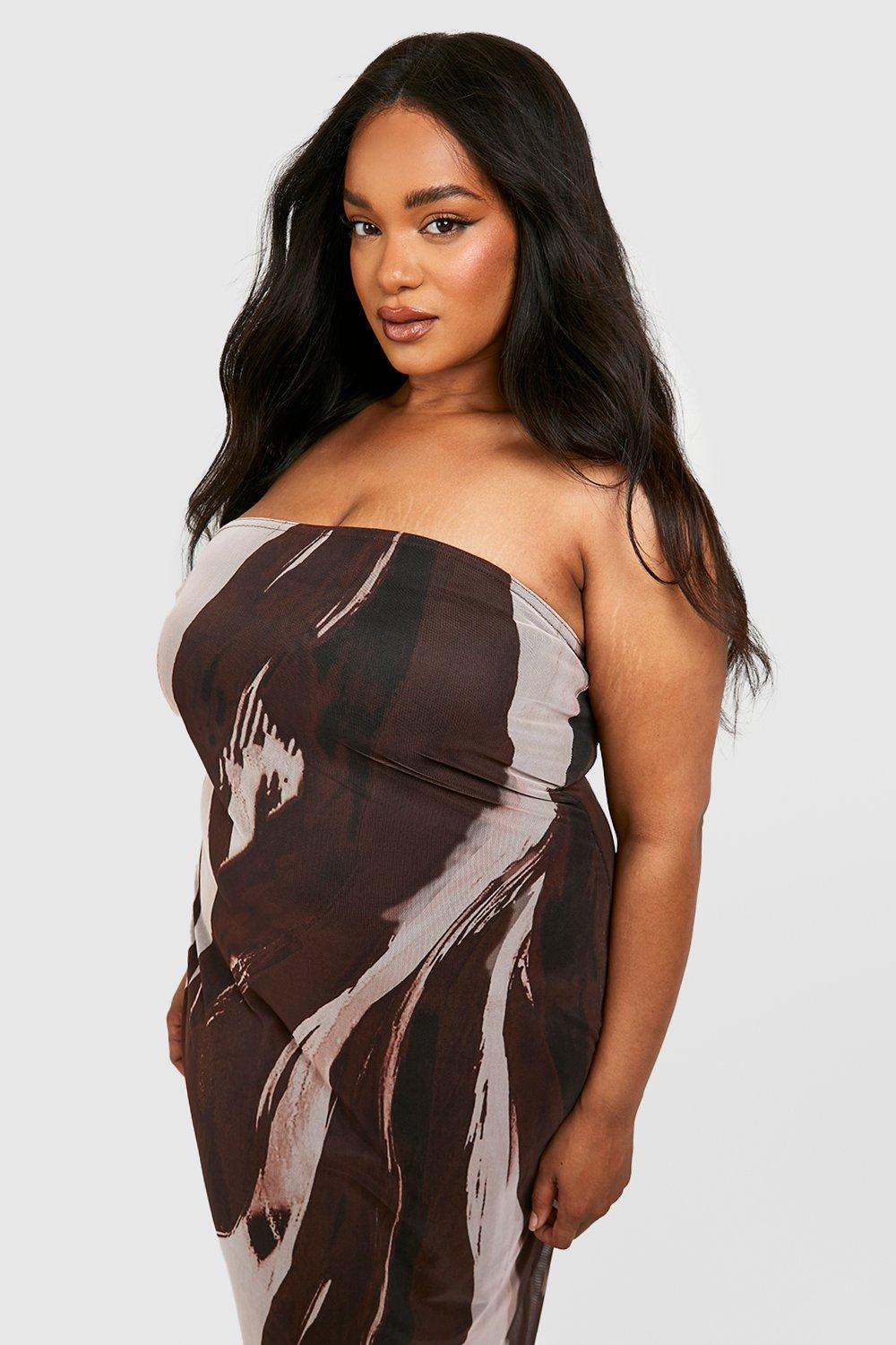 Buy Boohoo Textured Mesh Bandeau Maxi Dress In CHOCOLATE