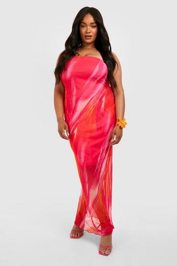 Plus Abstract Mesh Bandeau Maxi Dress pink