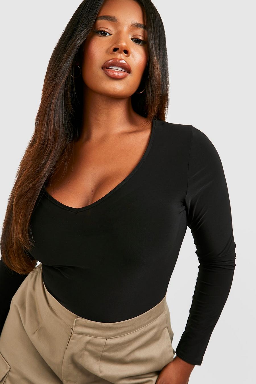 Women's Black Plus V Neck Long Sleeve Bodysuits