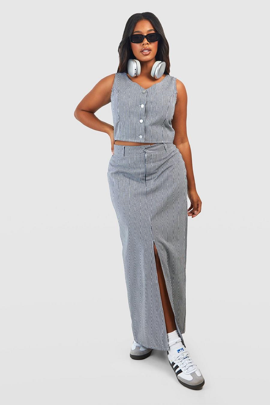 Gonna maxi Plus Size in denim a righe, Black image number 1