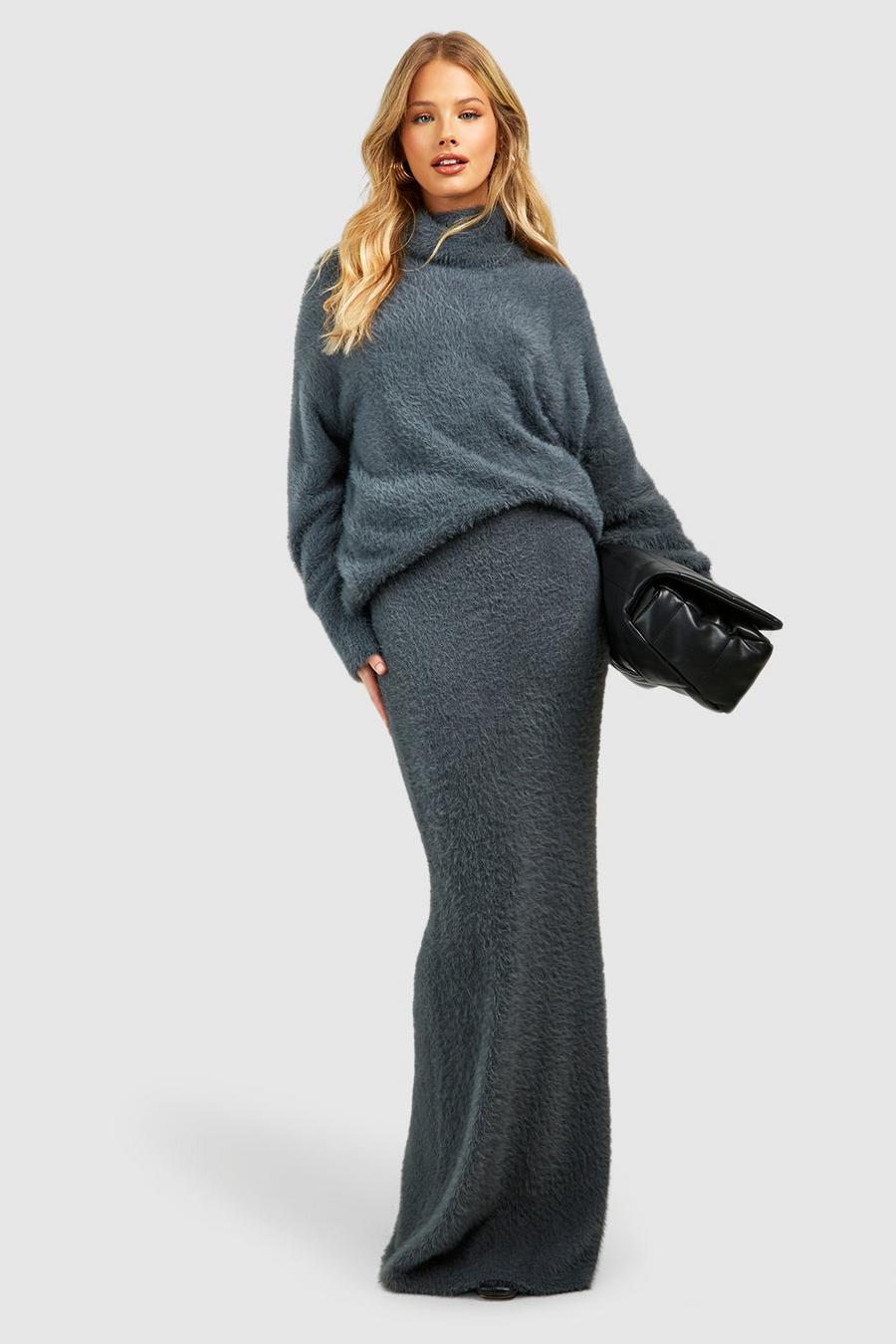 Charcoal Fluffy Knit Maxi Skirt image number 1