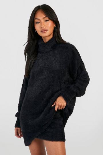 Black Fluffy Turtleneck Longline Sweater