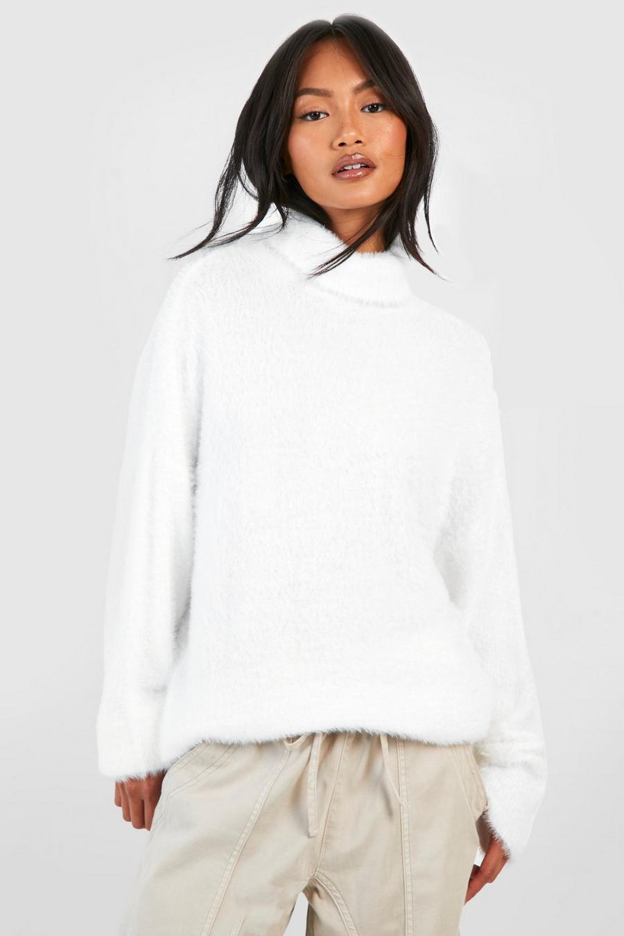 White Fluffy Turtleneck Longline Sweater