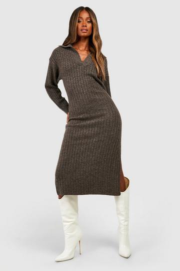 Chocolate Brown Wide Rib Knit Collared Soft Sweater Dress