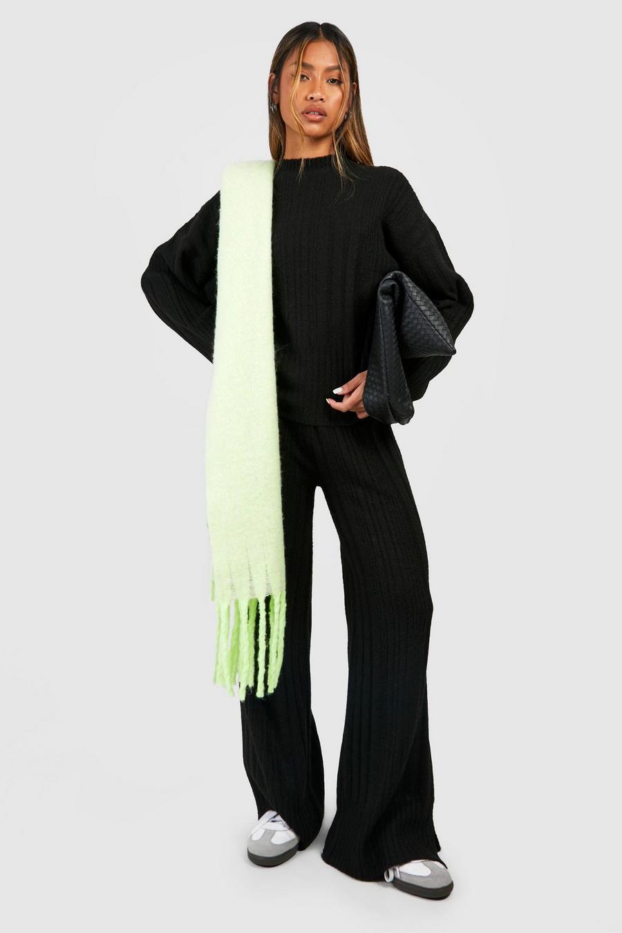 Black Soft Mixed Rib Wide Leg Pants