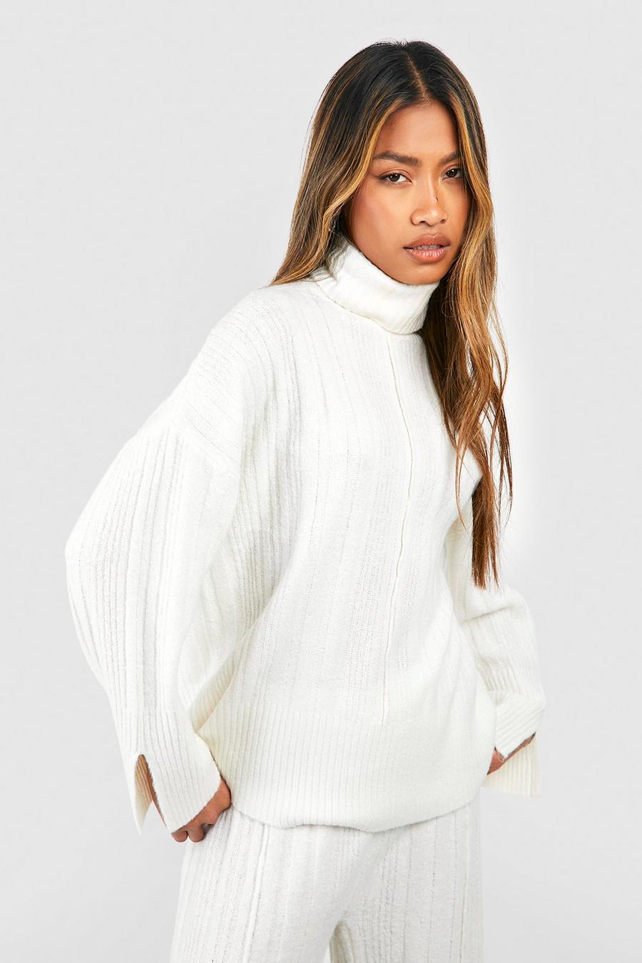 Maglione in maglia morbida a coste miste con collo alto, Ecru image number 1