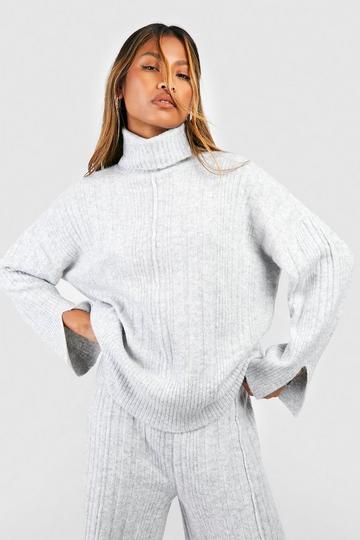 Silver Turtleneck Soft Mixed Rib Knit Sweater