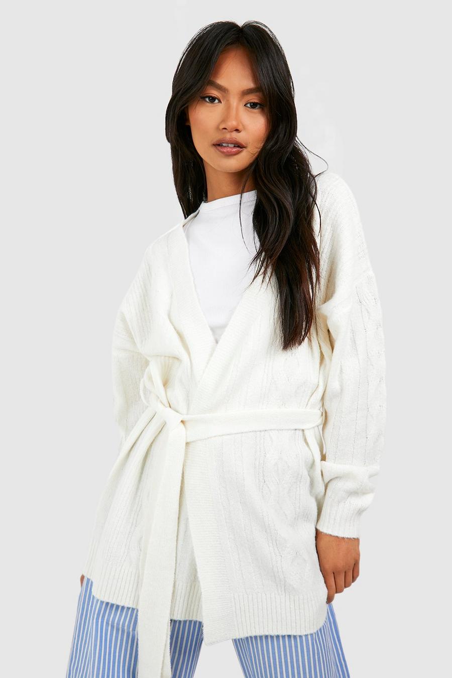 Ecru white Soft Cable Knit Belted Cardigan