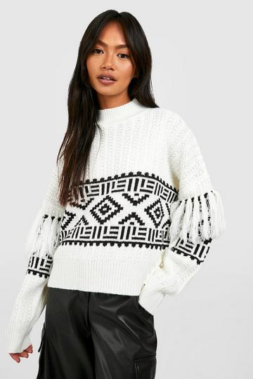 Tassel Aztec Print Sweater ivory