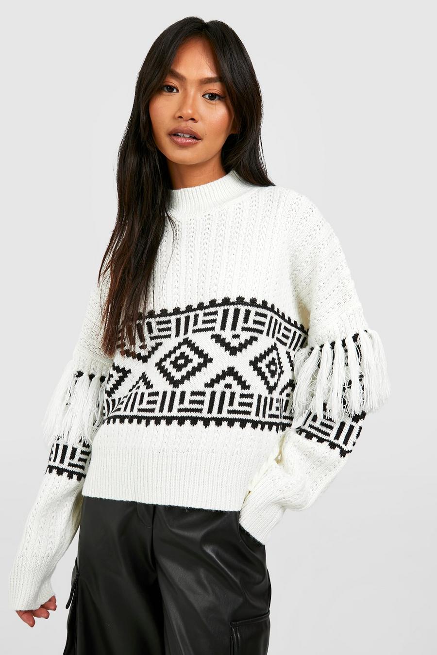 Ivory Tassel Aztec Print Sweater
