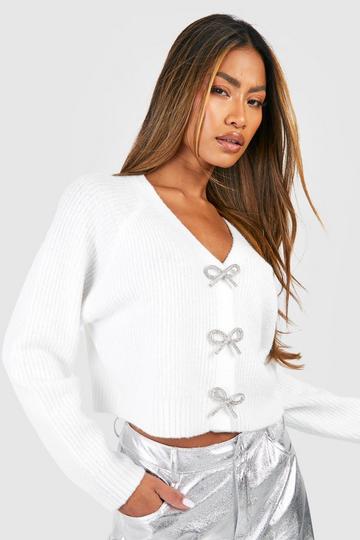 Diamante Button Soft Knit Cardigan ivory