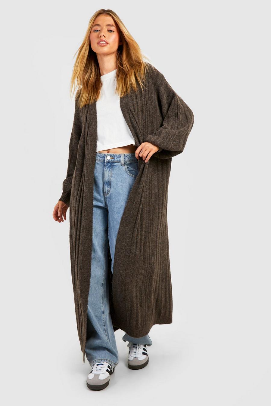 Chocolate Mixed Rib Soft Knit Maxi Cardigan  image number 1