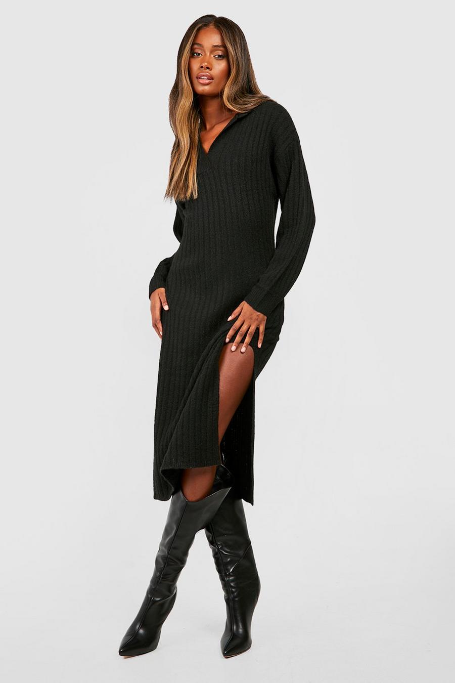 Black Wide Rib Knit Collared Soft Sweater Dress image number 1