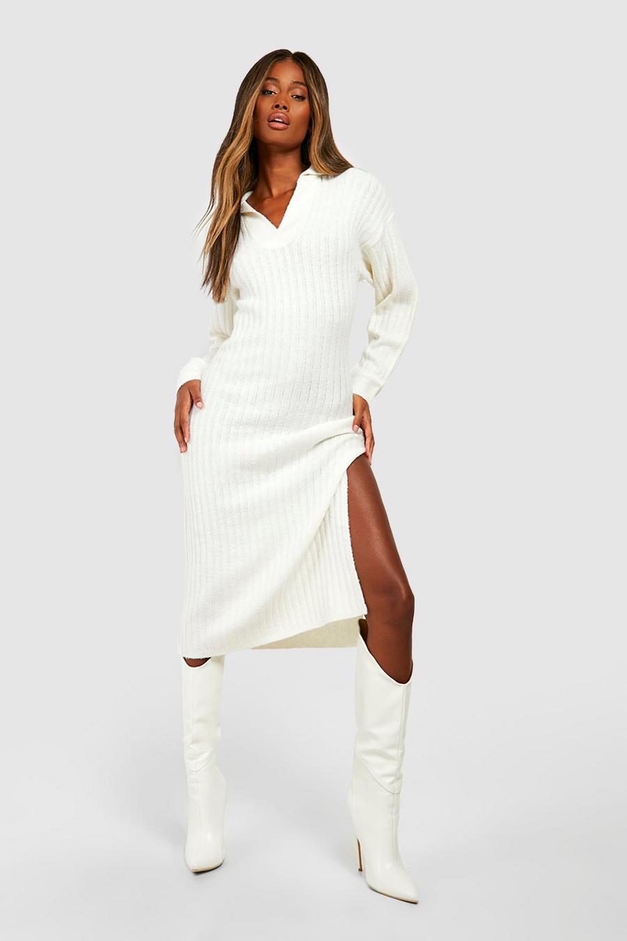 Ecru Wide Rib Knit Collared Soft Sweater Dress image number 1