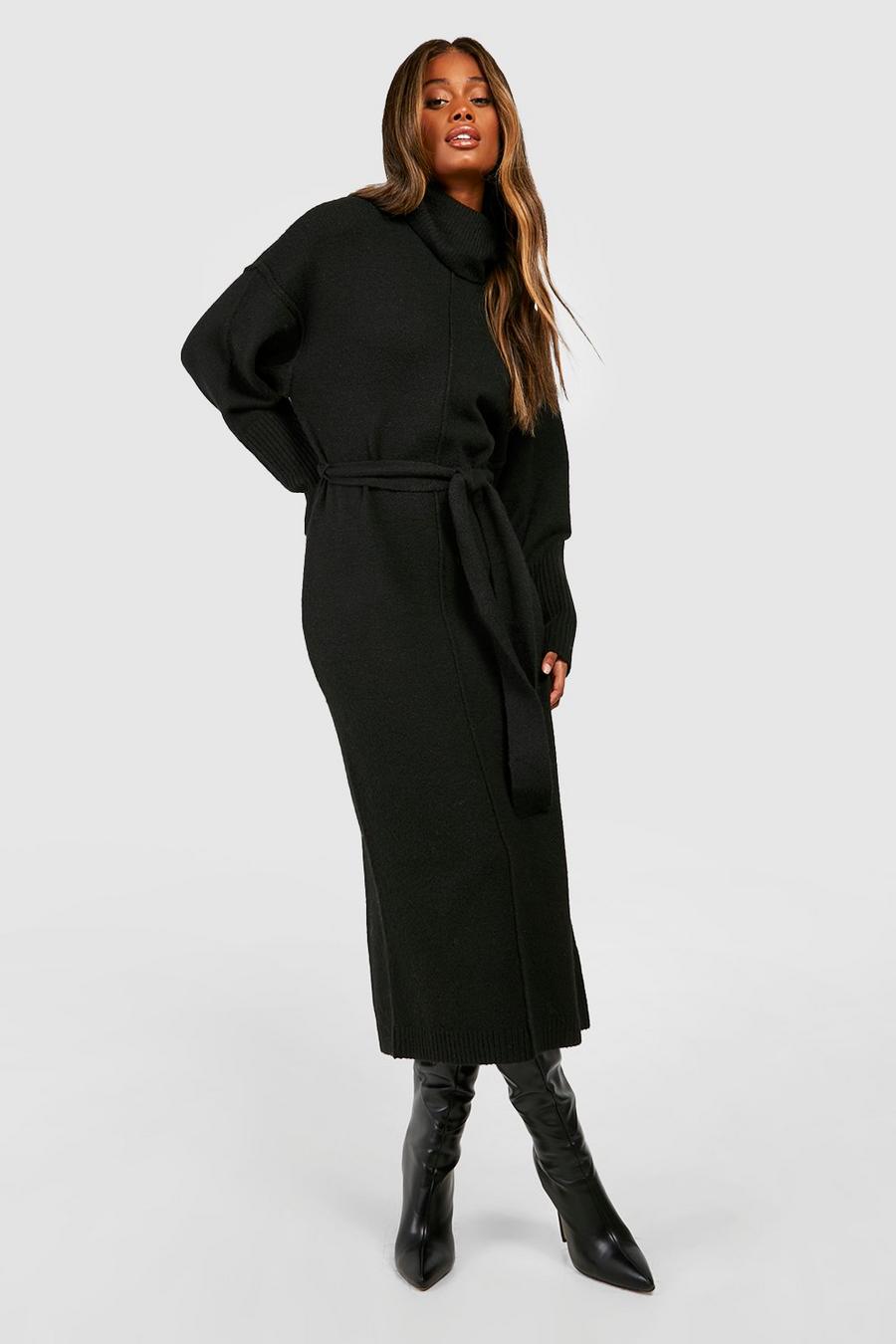 Black Seam Detail Belted Turtleneck Soft Knit Maxi Sweater Dress