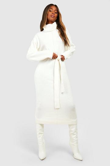 Seam Detail Belted Turtleneck Soft Knit Maxi Sweater Dress ecru
