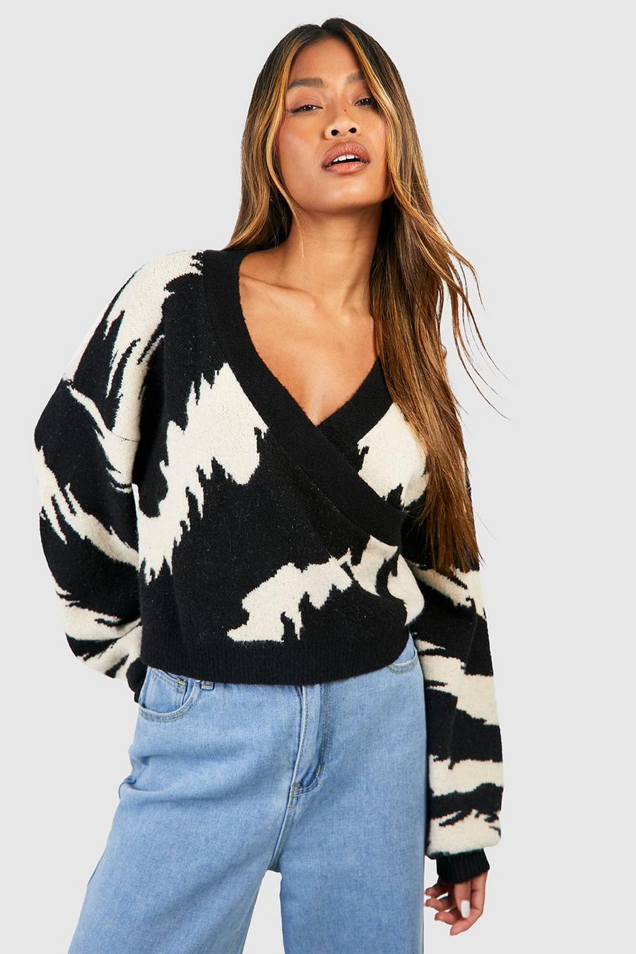 Black Wide Animal Stripe Soft Knit Wrap Sweater image number 1