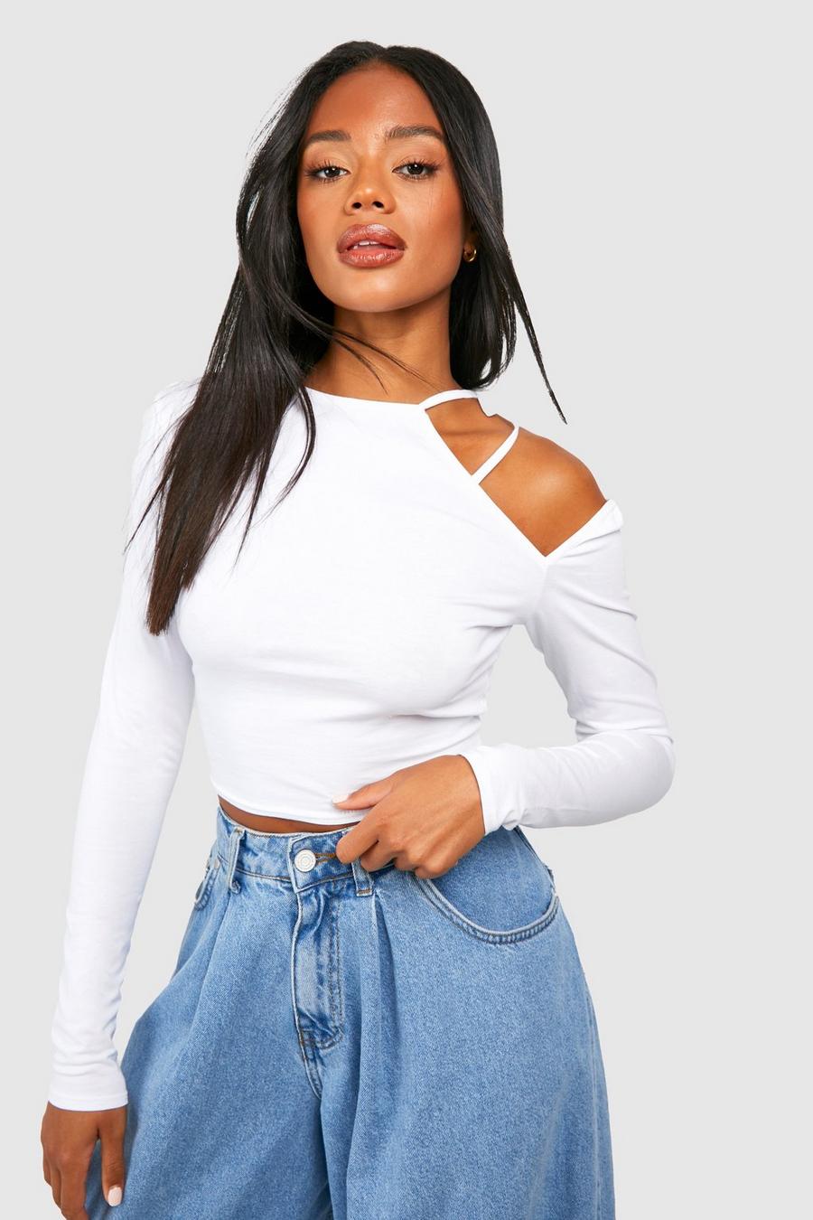 White Cut Out Long Sleeve Crop