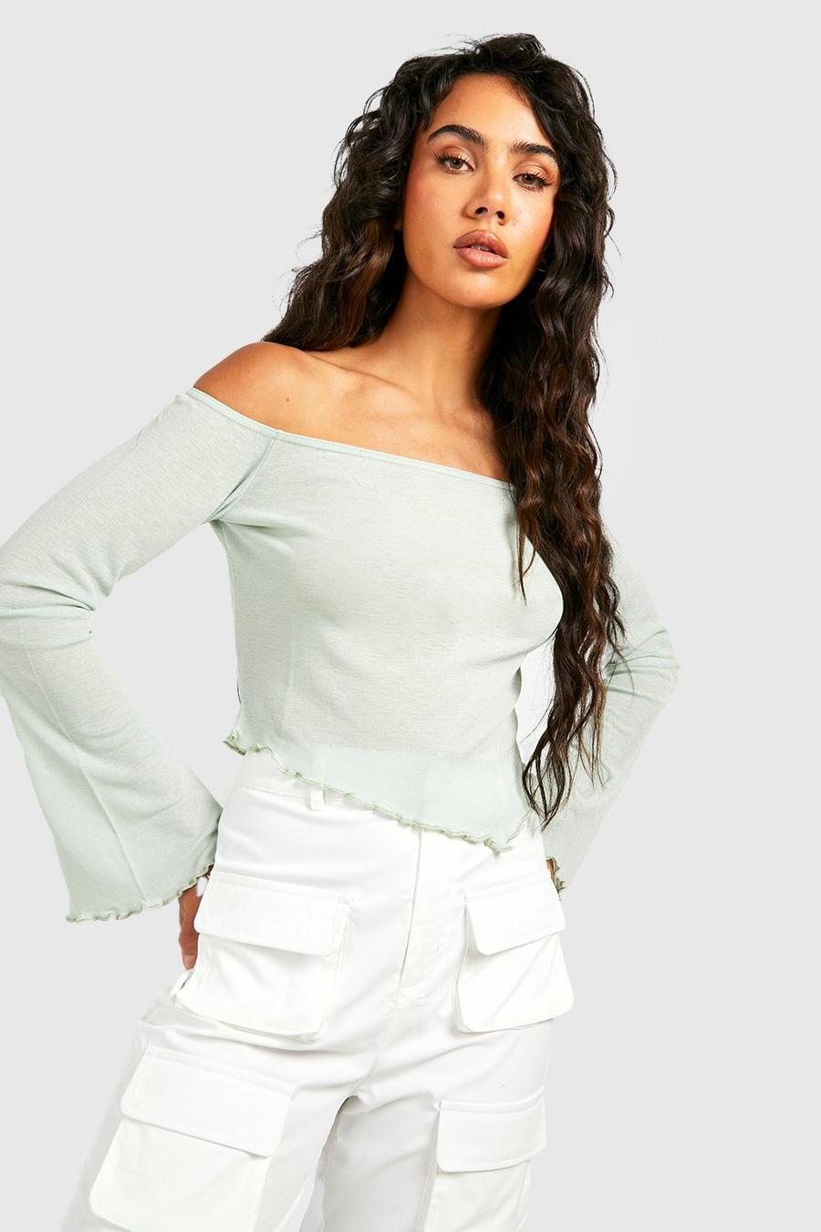Mint green Onion Skin Off The Shoulder Flare Sleeve Top