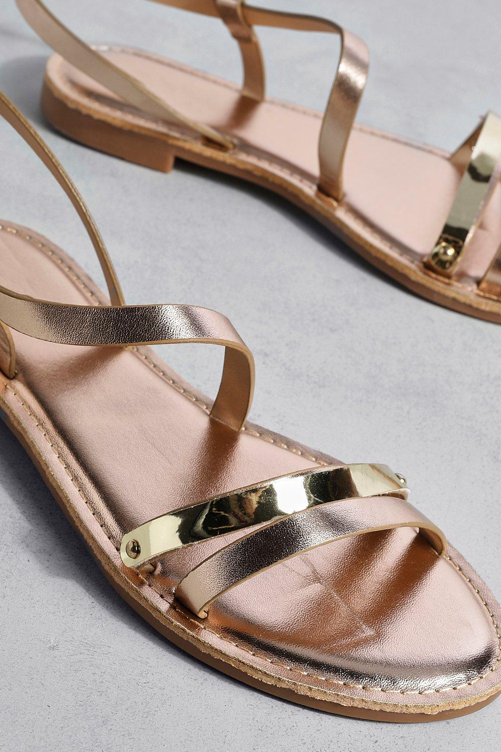 Metallic Bar Detail Crossover Flat Sandals Boohoo UK