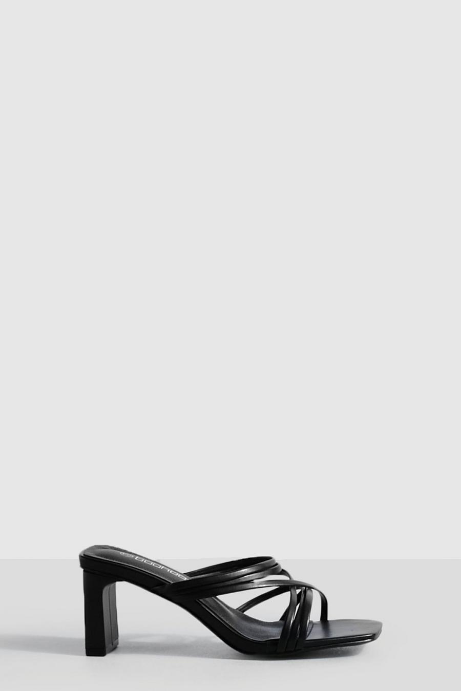 Sandali Mules con laccetti e tacco basso a blocco, Black negro