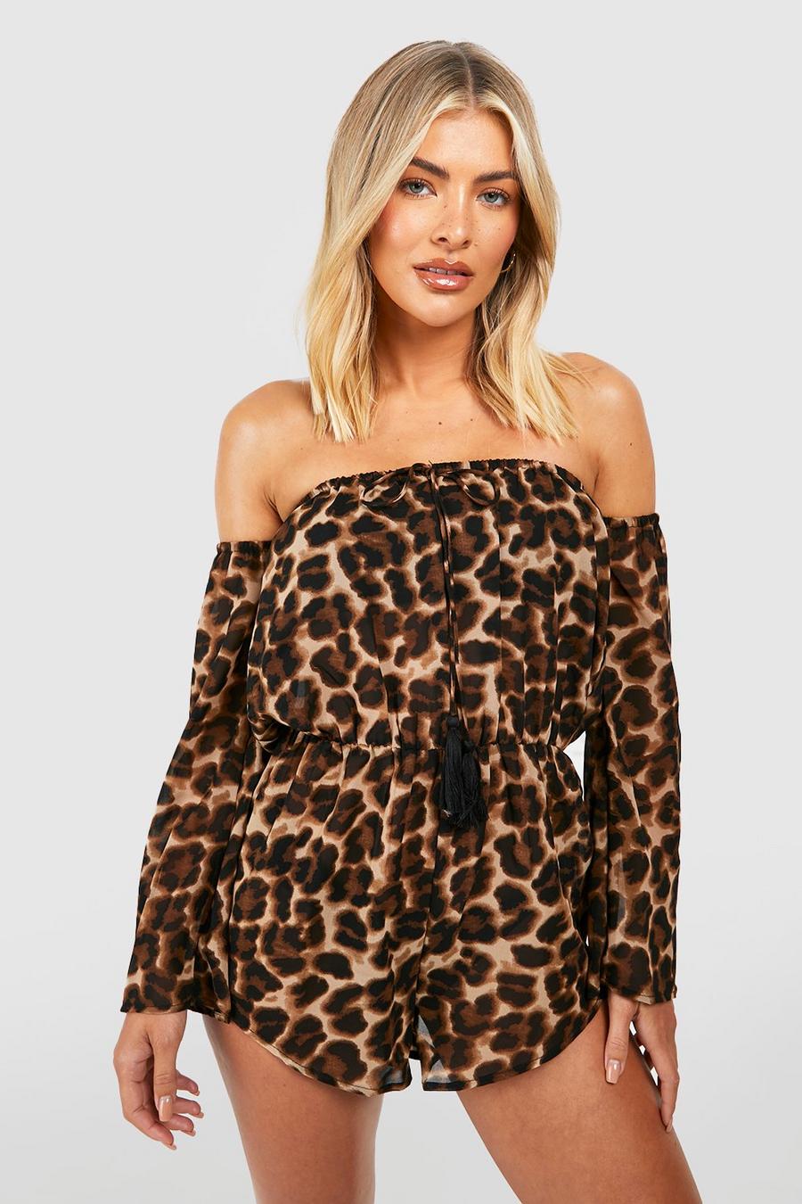 Brown Leopardmönstrad strandplaysuit i chiffong med tofsar image number 1