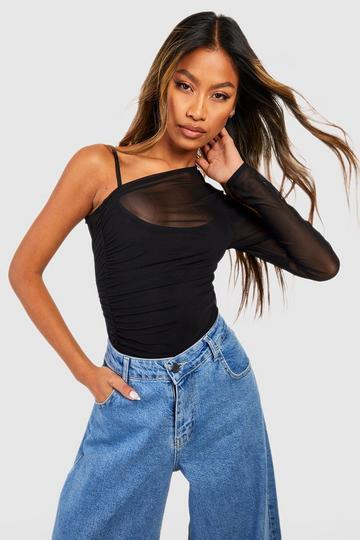 Black Mesh Rouche Once Shoulder Bodysuit