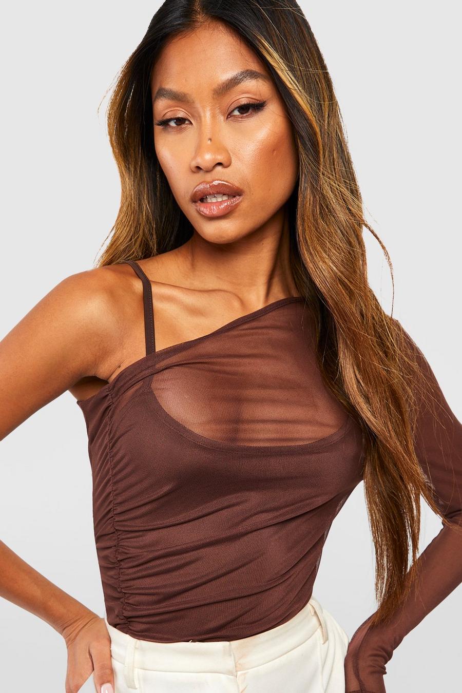 Chocolate Mesh Rouche Once Shoulder Bodysuit  image number 1