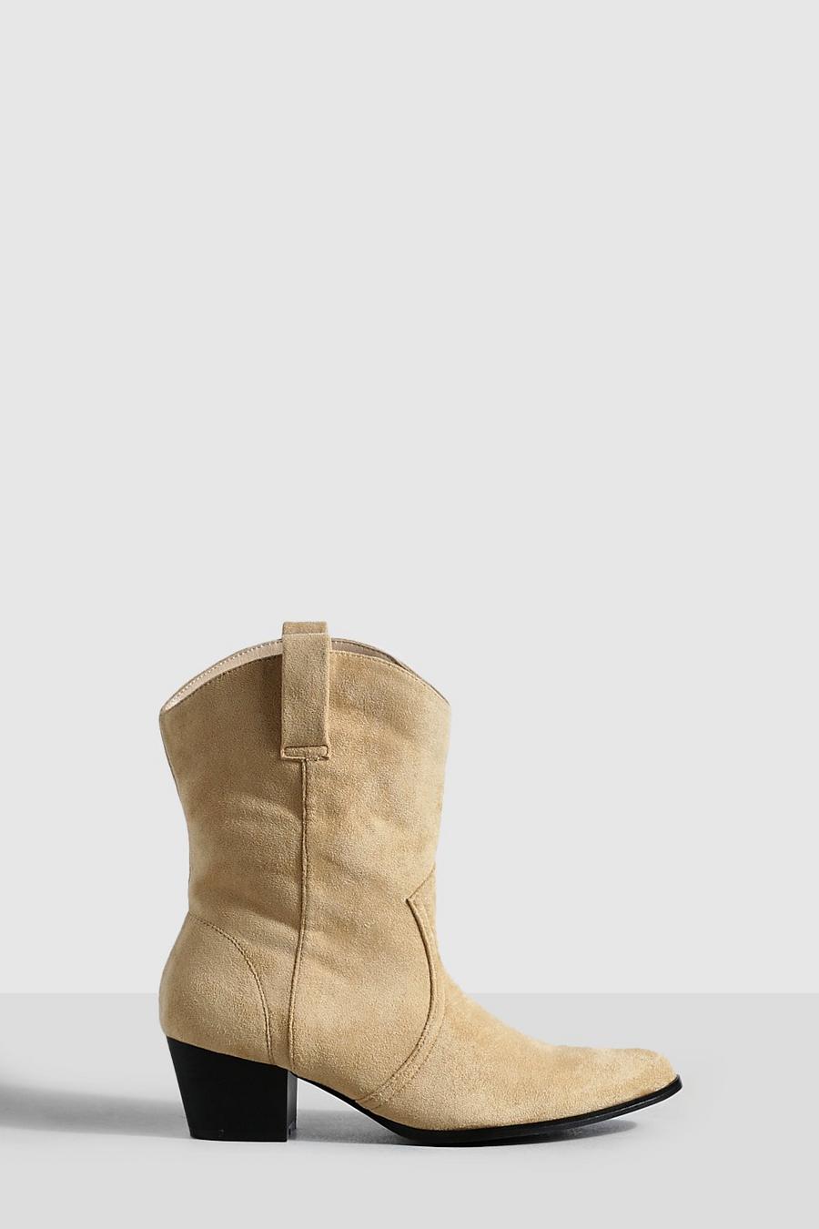 Beige Wide Fit Basic Tab Detail Western Cowboy Ankle Boots