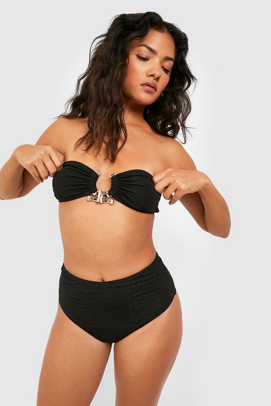 Strukturierter Bandeau-Bikini mit hohem Bund und Gold-Detail, Black image number 1
