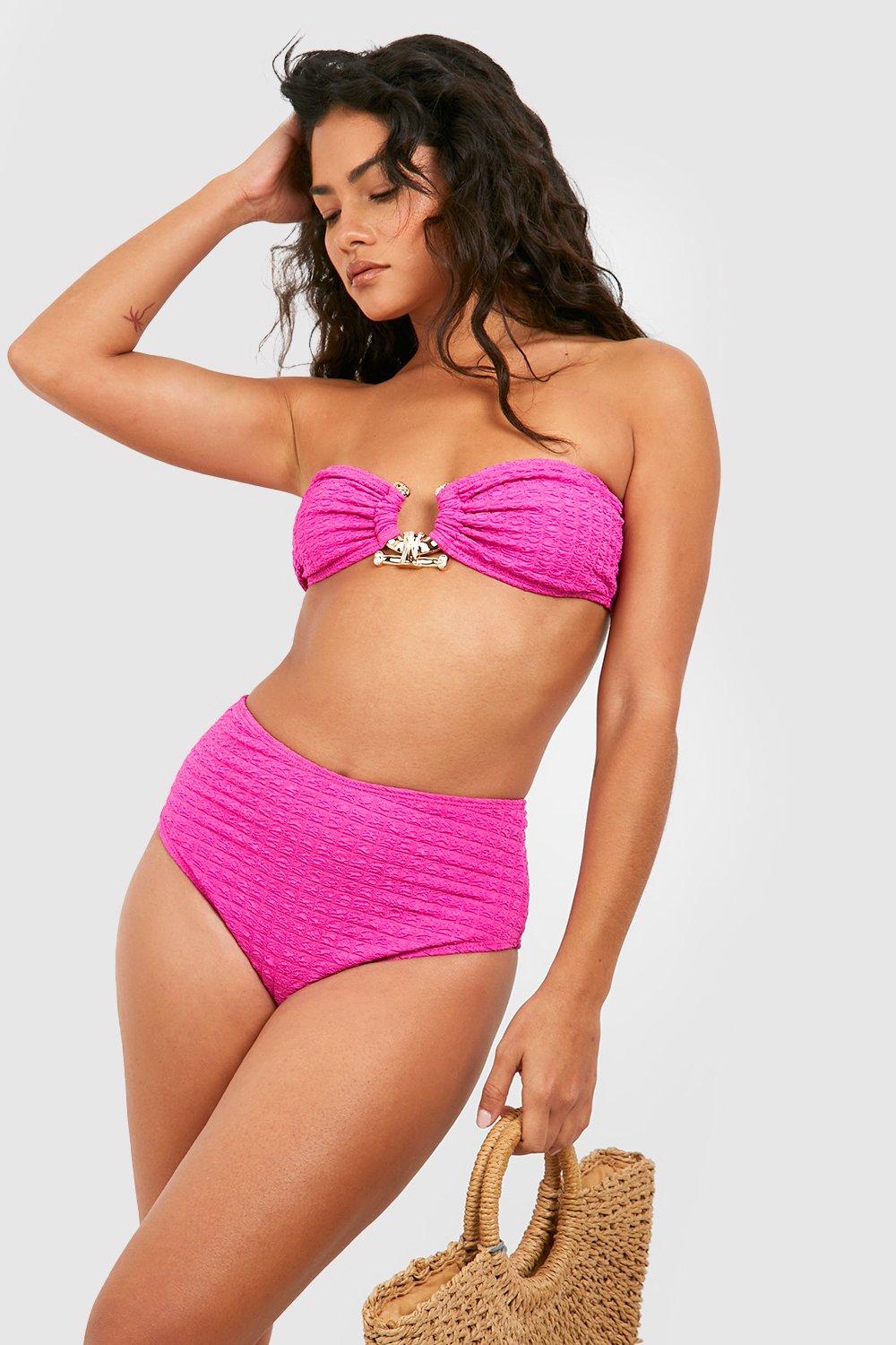 Gold Trim Textured Bandeau High Waist Bikini Set | boohoo USA