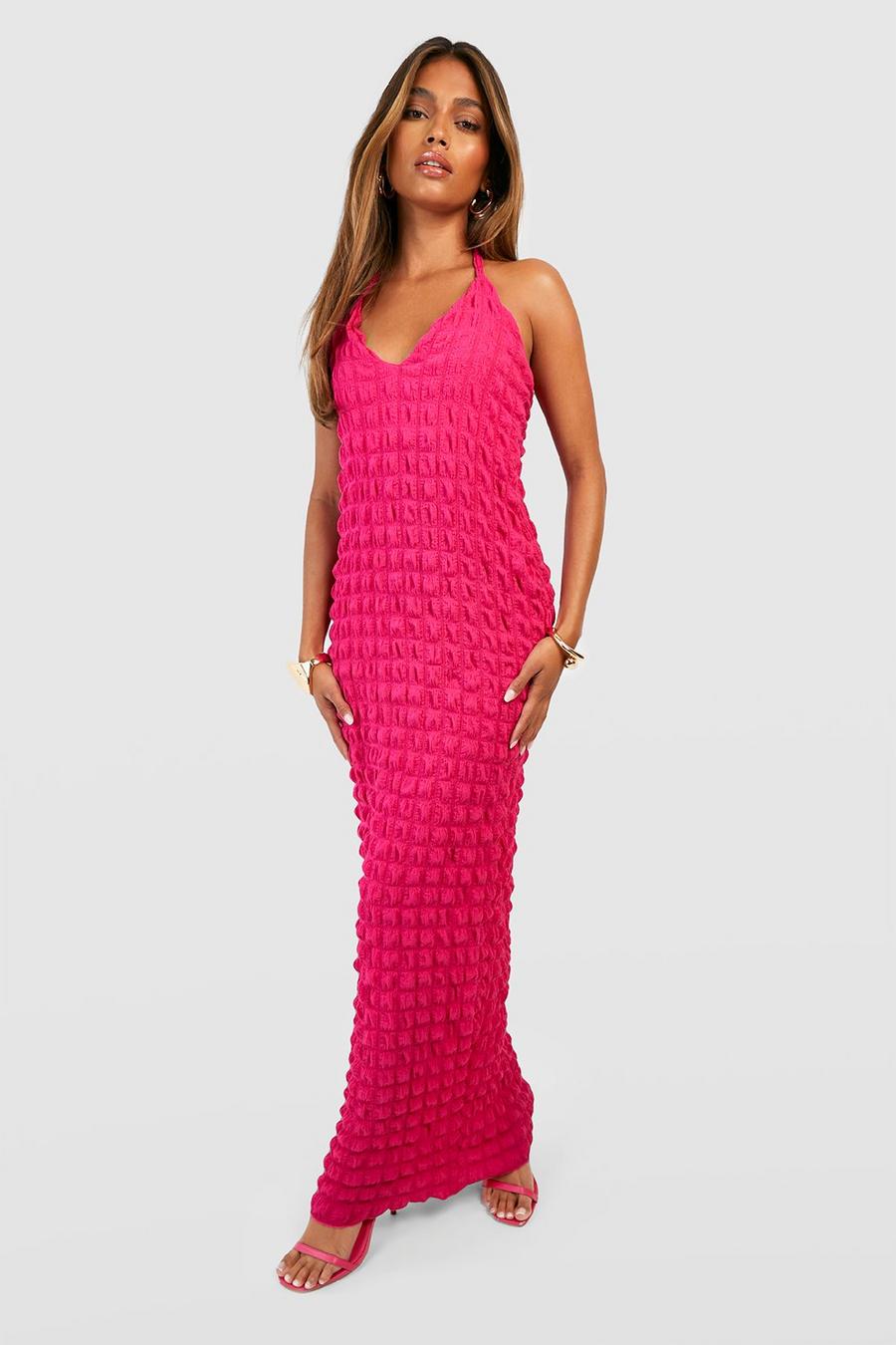 Pink Bubble Textured Plunge Maxi Dress image number 1