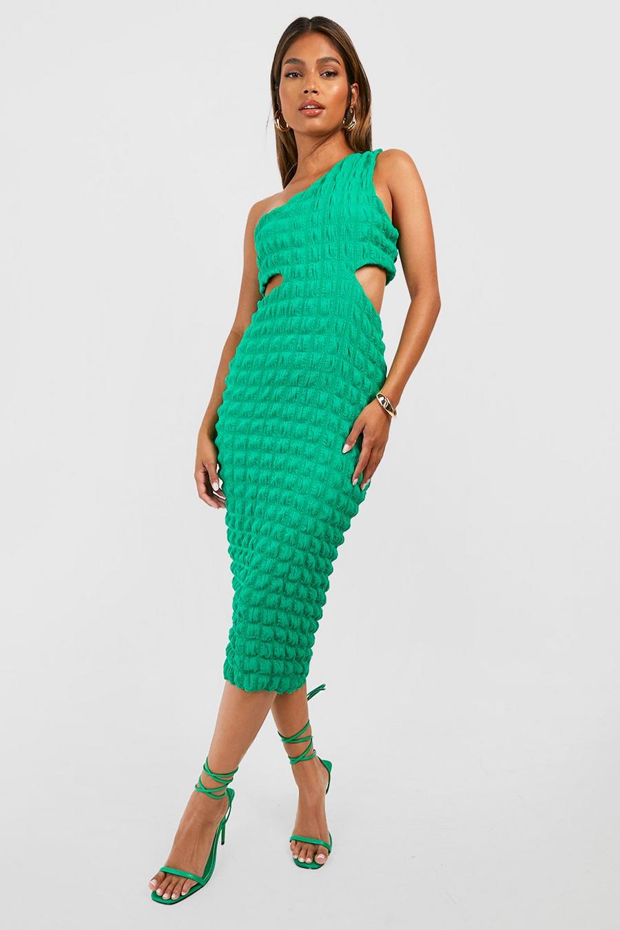 Bright green grön Bubble Textured One Shoulder Midi Dress image number 1