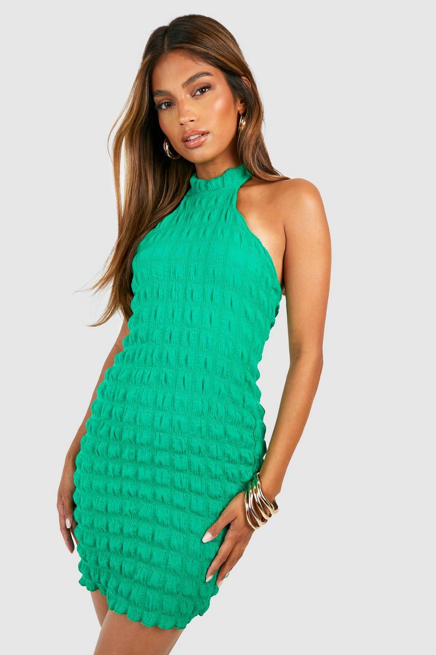 Bright green Bubble Textured Racerneck Bodycon Dress image number 1