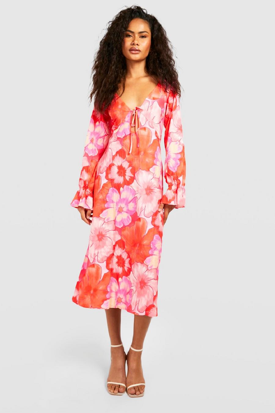 Pink Floral Cut Out Midi Dress image number 1