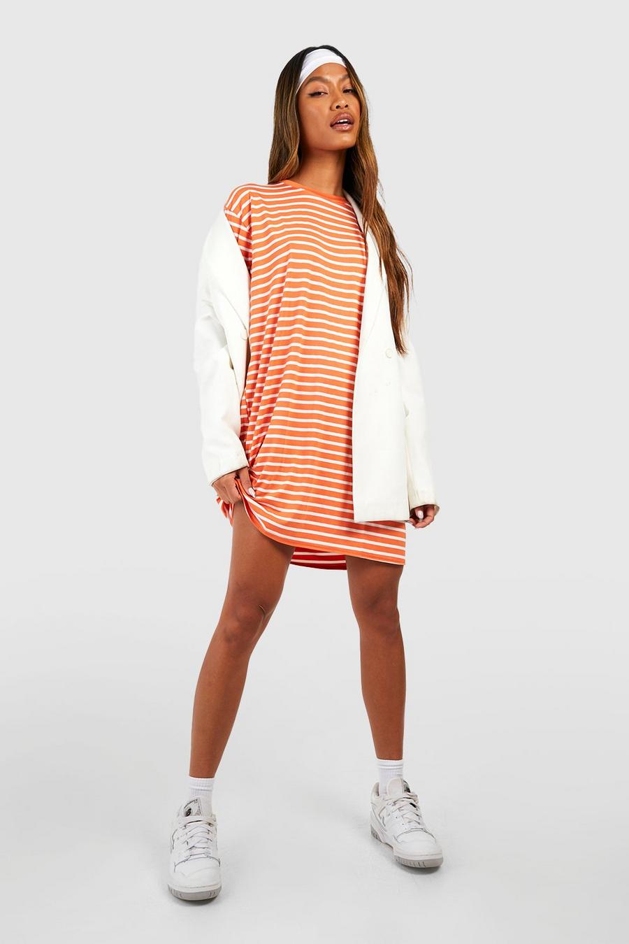 Orange Oversized Stripe T-shirt Dress image number 1