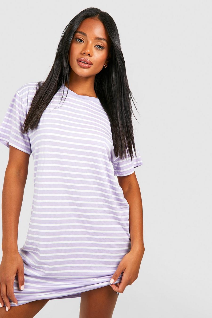 Gestreiftes Oversize T-Shirt-Kleid, Lilac