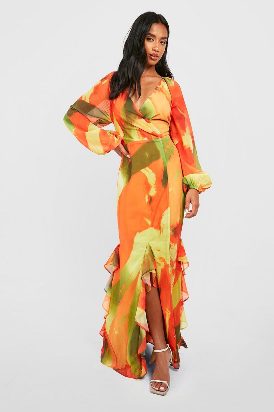 Orange Petite Abstract Print Ruffle Wrap Maxi Dress image number 1
