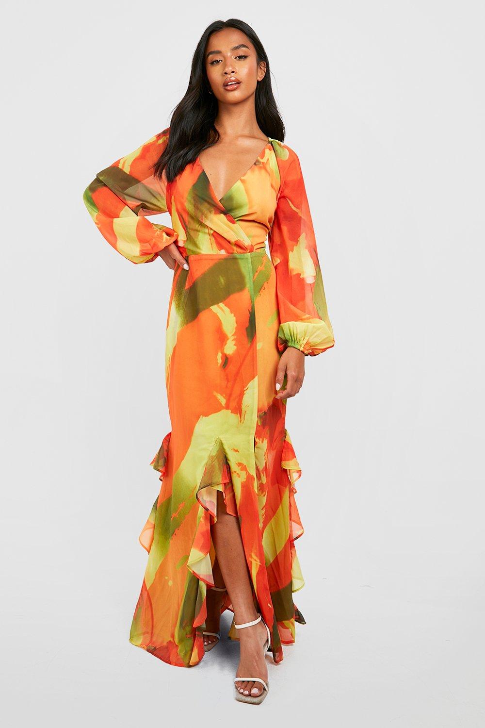 Women s Petite Abstract Print Ruffle Wrap Maxi Dress Boohoo UK