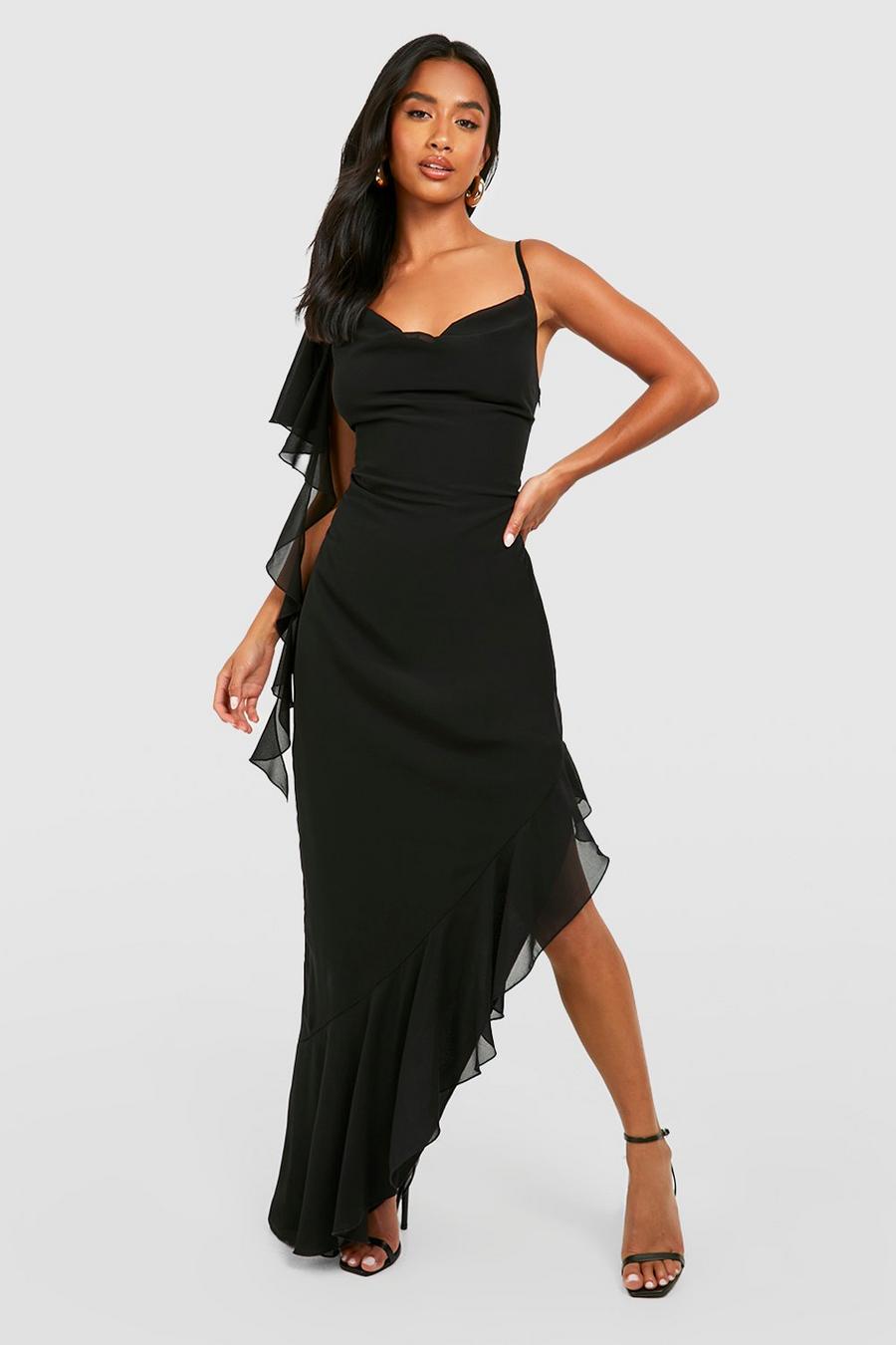 Black Petite Asymmetric Ruffle Midaxi Dress image number 1