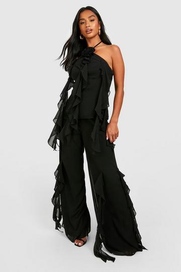 Petite Ruffle Wide Leg Trouser black