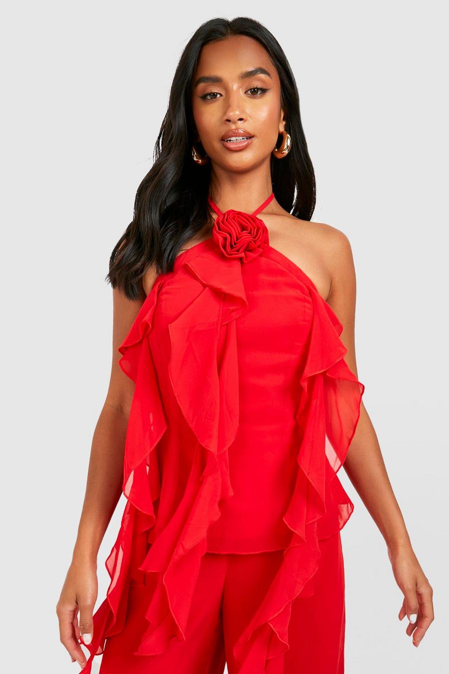 Red Petite Rose Corsage Ruffle Cami Top  image number 1