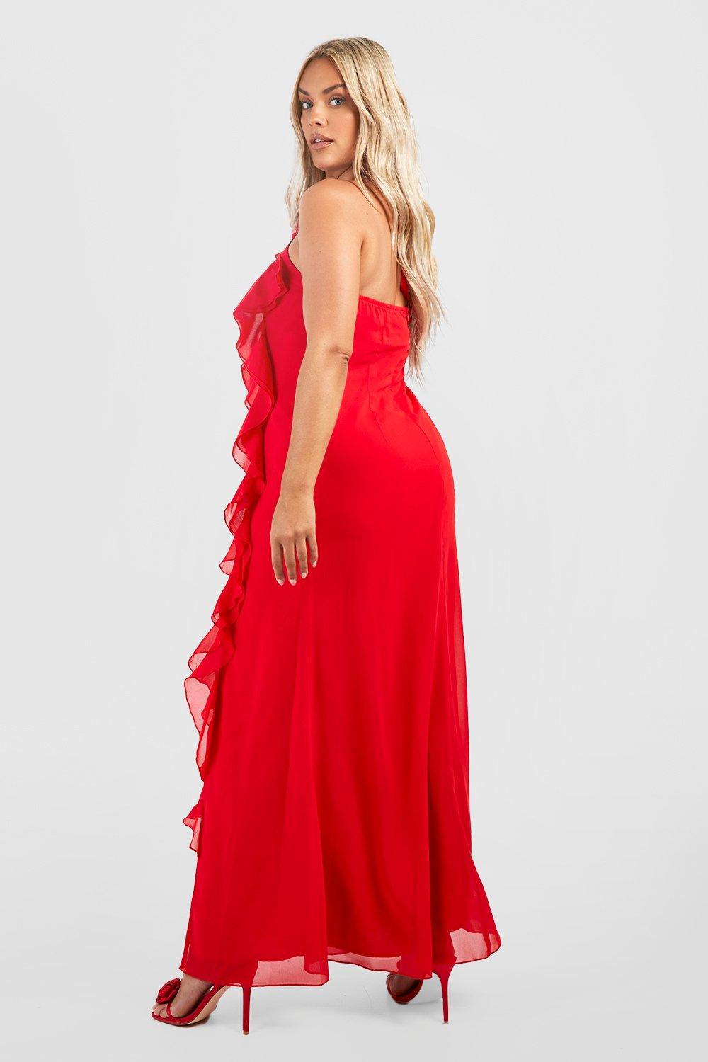 Red Cold Shoulder Ruffle Detail Maxi Dress